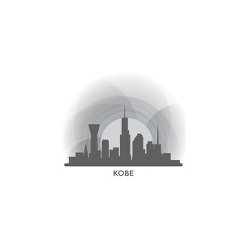 Kobe cityscape skyline city panorama vector flat logo, modern icon. Japan emblem idea with landmarks and building silhouettes, isolated clipart at sunset, sunrise, night