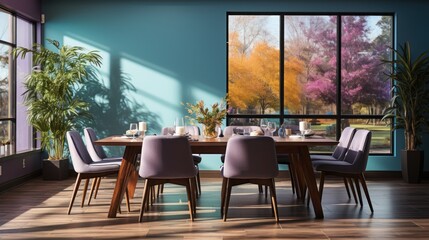 Fototapeta na wymiar Blue and purple dining room with table set