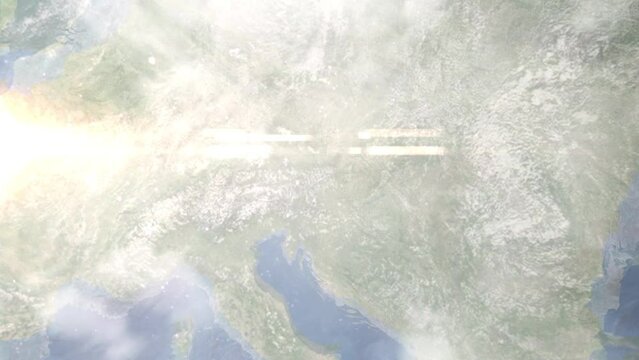 Zoom in from space and focus on Kapfenberg, Austria. 3D Animation. Background for travel intro. Elements of this image furnished by NASA.