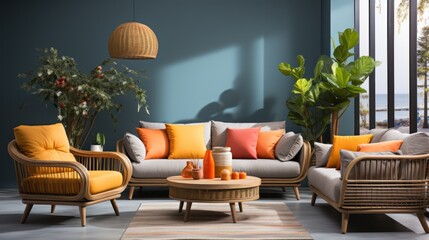 stylish living room, full of color, rattan armchairs, tropical plants, macrame and elegant accessories