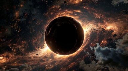 A hyper-realistic image of a black hole, with light bending around it, set against the deep void of space. - obrazy, fototapety, plakaty