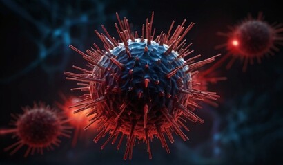  Image of a virus resembling coronavirus in red and blue hues on a dark background from AI Generative