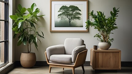 Stylish living room design with retro wood, chairs, tropical plants, rattan, baskets and elegant accessories.