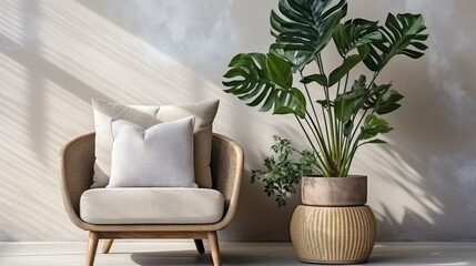 Stylish living room design with retro wood, chairs, tropical plants, rattan, baskets and elegant...
