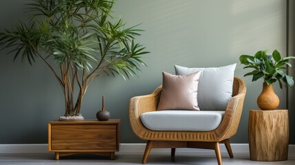 Fototapeta na wymiar Stylish living room design with retro wood, chairs, tropical plants, rattan, baskets and elegant accessories.