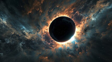 A hyper-realistic image of a black hole, with light bending around it, set against the deep void of...