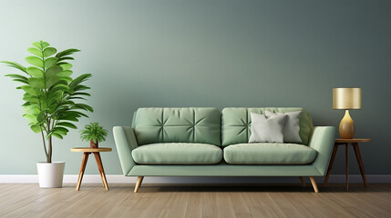 retro mid century style sage green fabric sofa with wooden floor