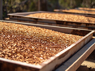 Obraz premium Rooibos Tea drying process. Zoom in on the Rooibos leaves being sun-dried on large trays.