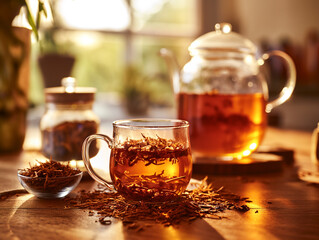 Rooibos Tea infusion. Focus on the process of brewing Rooibos tea leaves in hot water.