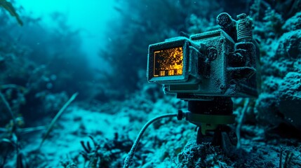 A hyper-realistic thermal imaging camera, used in search and rescue, against a backdrop of deep, midnight blue. - obrazy, fototapety, plakaty