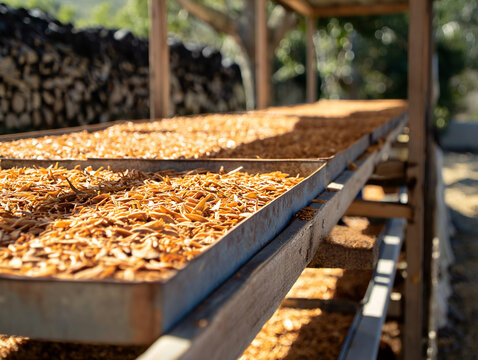 Rooibos Tea drying process. Zoom in on the Rooibos leaves being sun-dried on large trays.