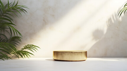 round empty shiny gold podium table green bamboo palm tree in beautiful sunlight and leaf shadow