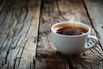 Steaming cup of coffee on a rustic wooden table