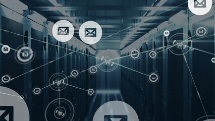 Animation of network of shopping carts and data with email icons over computer server room - Powered by Adobe