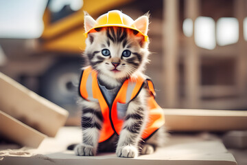 A Kitten dressed as a builder at a construction site with safety helmet, Safety first 