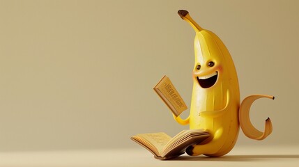 A joyful banana character holding a small, open book, as if reading a story, on a plain beige background.
