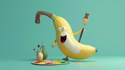 A joyful banana character with a paintbrush and palette, as if painting, on a plain mint green background.