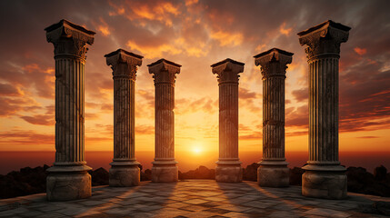 beautiful three ancient pillars with sunset sky background - obrazy, fototapety, plakaty