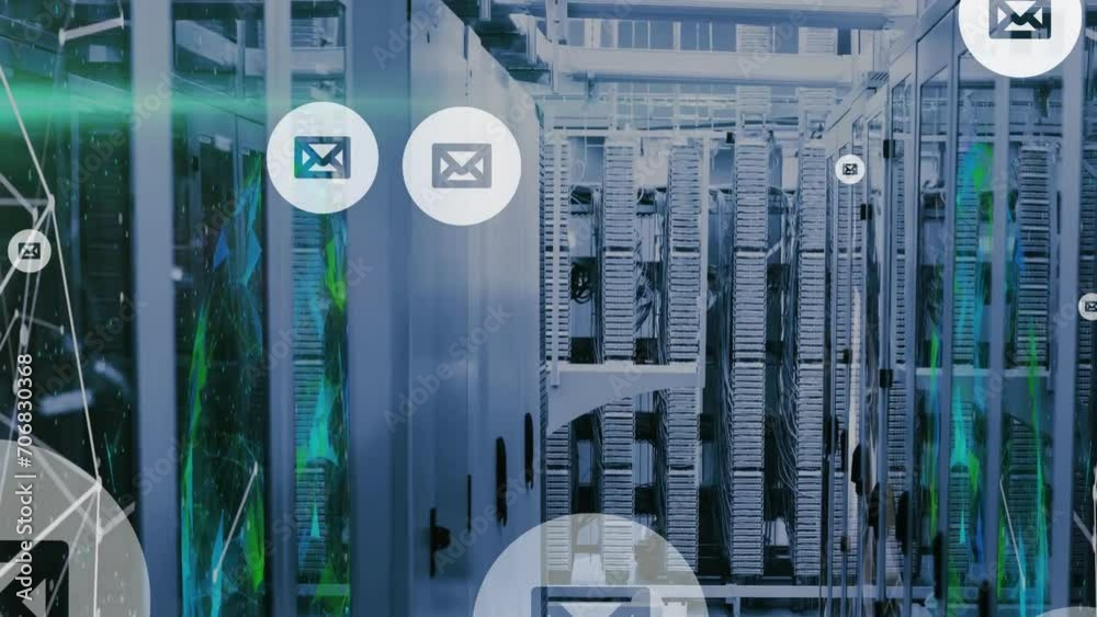 Poster animation of floating email icons and networks over computer servers