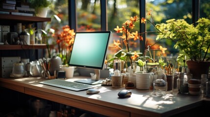 Stylish workspace with work desk, desktop computer, house plants and books.