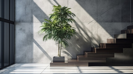tropical banana tree on modern landing staircase in sunlight from window of black cement stone stair