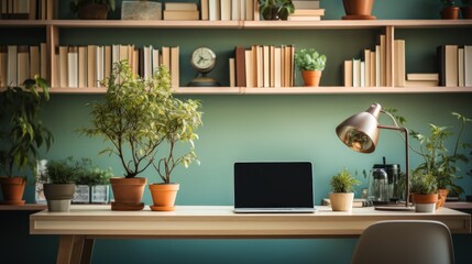 Stylish workspace with work desk, desktop computer, house plants and books.
