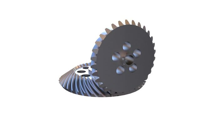 Spiral bevel gear video animation, industrial engineering design with helix angle tooth profile