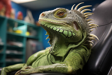 Fototapeta premium A contented iguana basking under the specialized lighting in a veterinary clinic, highlighting the expertise and attention given to exotic pets.