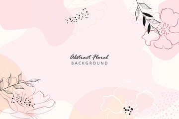 Abstract flower art frame background vector. Luxury minimal style wallpaper with golden line art flower and botanical leaves, Organic shapes, Watercolor. Vector background illustration.