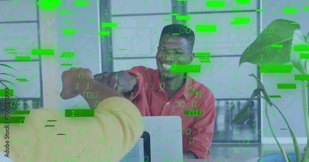 Poster Animation of green binary data processing over african american man fist bumping colleague at office