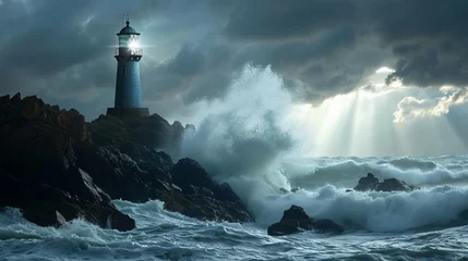 Fototapeten A lone lighthouse standing resilient against crashing waves, symbolizing guidance and hope in the tumultuous journey towards social justice, during a stormy twilight. © SardarMuhammad