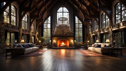 The open concept, vintage large room with a fireplace is perfect for relaxing