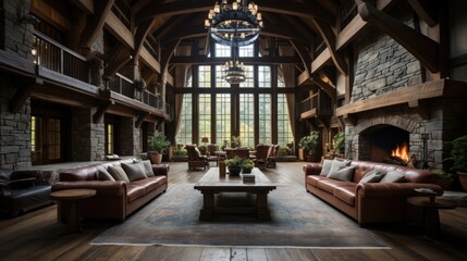 Fototapeta premium The open concept, vintage large room with a fireplace is perfect for relaxing