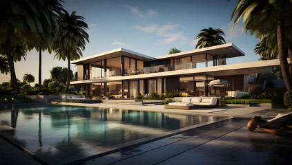 Fototapeta na wymiar 3d rendering of a modern house with a swimming pool ai generative