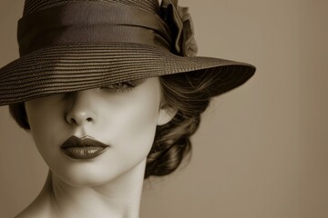 Woman with a vintage hat, timeless elegance, against a backdrop of soft sepia.