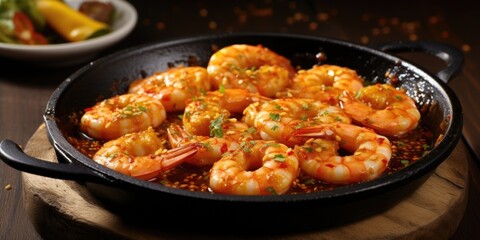 A plate of sizzling garlic prawns, served in a hot skillet. The prawns are bathed in a fragrant sauce made from olive oil, garlic, and chili flakes, creating a heavenly aroma and a perfect