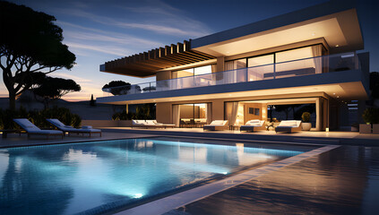 Fototapeta premium 3d rendering of a modern house with a swimming pool ai generative