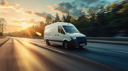 Modern delivery shipment cargo courier van moving fast on motorway road, fast package delivery - obrazy, fototapety, plakaty