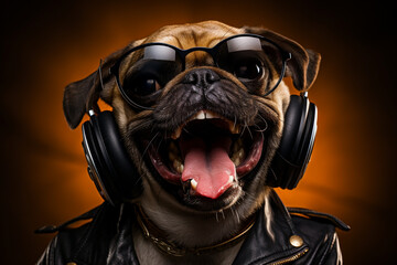 A Pug exuding rockstar vibes in a leather jacket and sunglasses, capturing the charisma and coolness of a canine musical sensation.