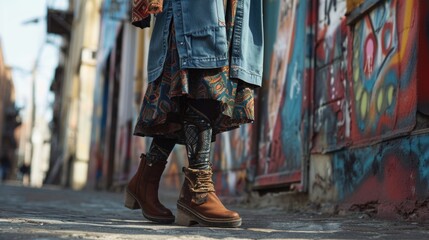 For a bohemian twist on the denim shirt dress, pair it with patterned leggings and chunky boots. The mix of prints and textures creates a unique and fashionforward look.