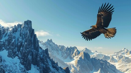 A majestic eagle soaring high above a rugged mountain range, under a clear blue sky.