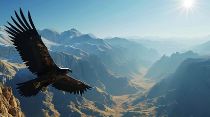 A majestic eagle soaring high above a rugged mountain range, under a clear blue sky.