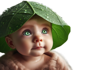 baby happy rain raindrops leaf like umbrella protection nature ecology pray - ai generated