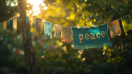 木にぶら下がっている、'peace'「平和」と書かれている青色の麻布のガーランド、太陽の逆光の木漏れ日 - obrazy, fototapety, plakaty