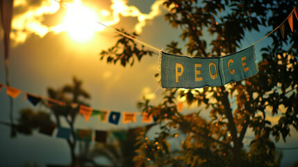 木にぶら下がっている、'peace'「平和」と書かれている青色の麻布のガーランド、太陽の逆光の木漏れ日 - obrazy, fototapety, plakaty