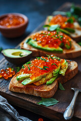 Delicious Toast with Avocado and Red Caviar