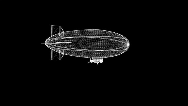 Spinning 3d wireframe blimp on plain black background