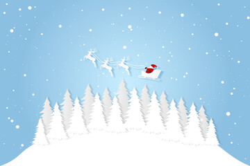 Fototapeta na wymiar Merry Christmas, Santa Claus on the sky with christmas tree. Paper art style. Vector illustration.