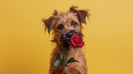 St. Valentine's Day concept. Funny portrait cute puppy dog holding red rose flower. Lovely dog in love on valentines day gives gift