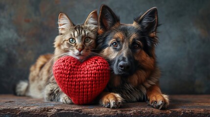 couple of friends a striped cat and dog puppy are lying with knitted red hearts
